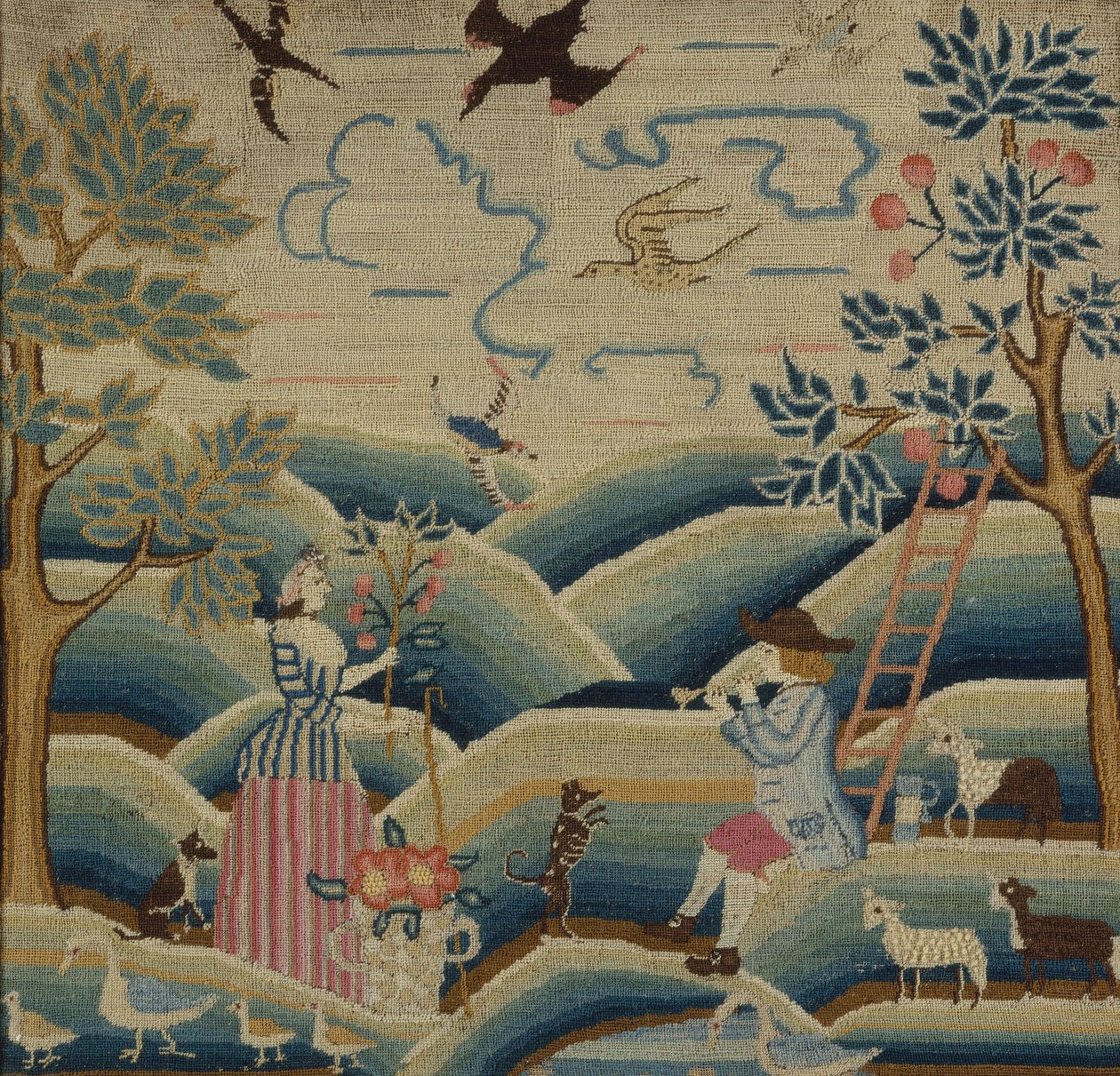 صورة مطرزة ، c.1740 (الكتان والصوف والحرير) بواسطة المدرسة الأمريكية