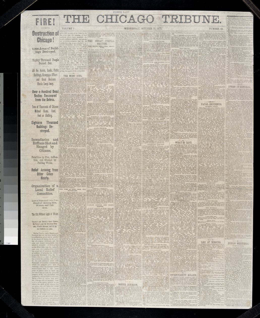 الصفحة الأولى من Chicago Tribune بخصوص حريق شيكاغو لعام 1871 ، 1871 بواسطة المدرسة الأمريكية