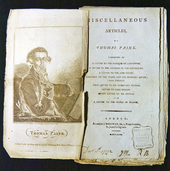 واجهة لمقالات متنوعة بقلم توماس باين ، نُشر عام 1791 بواسطة المدرسة الأمريكية