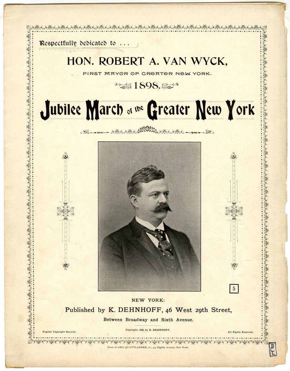 اليوبيل مارش أوف نيويورك الكبرى [غلاف الموسيقى] ، 1898 (الطباعة الحجرية [غلاف الموسيقى]) بواسطة المدرسة الأمريكية