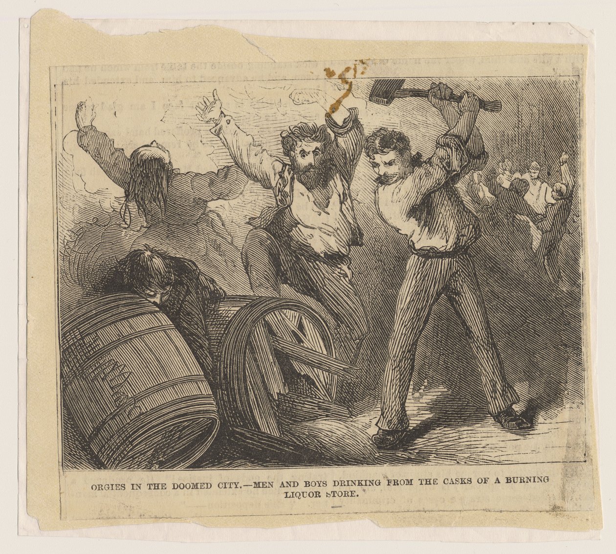 Orgies in the Doomed City - الرجال والأولاد يشربون من براميل متجر الخمور المحترق ، 1871 بواسطة المدرسة الأمريكية