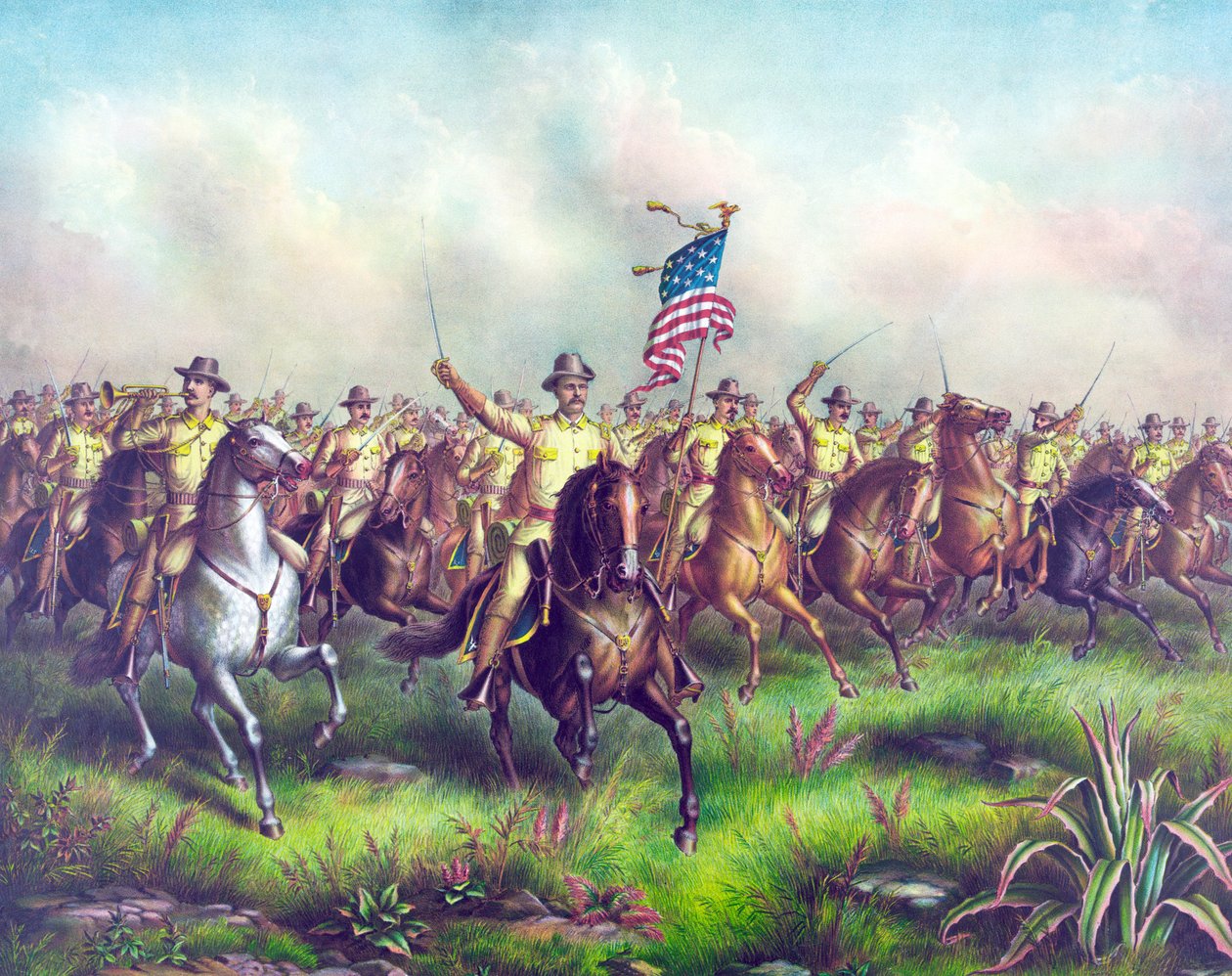 Rough-Riders ، بقيادة العقيد ثيودور روزفلت ، حانة. 1898 (نقش يدوي) بواسطة المدرسة الأمريكية