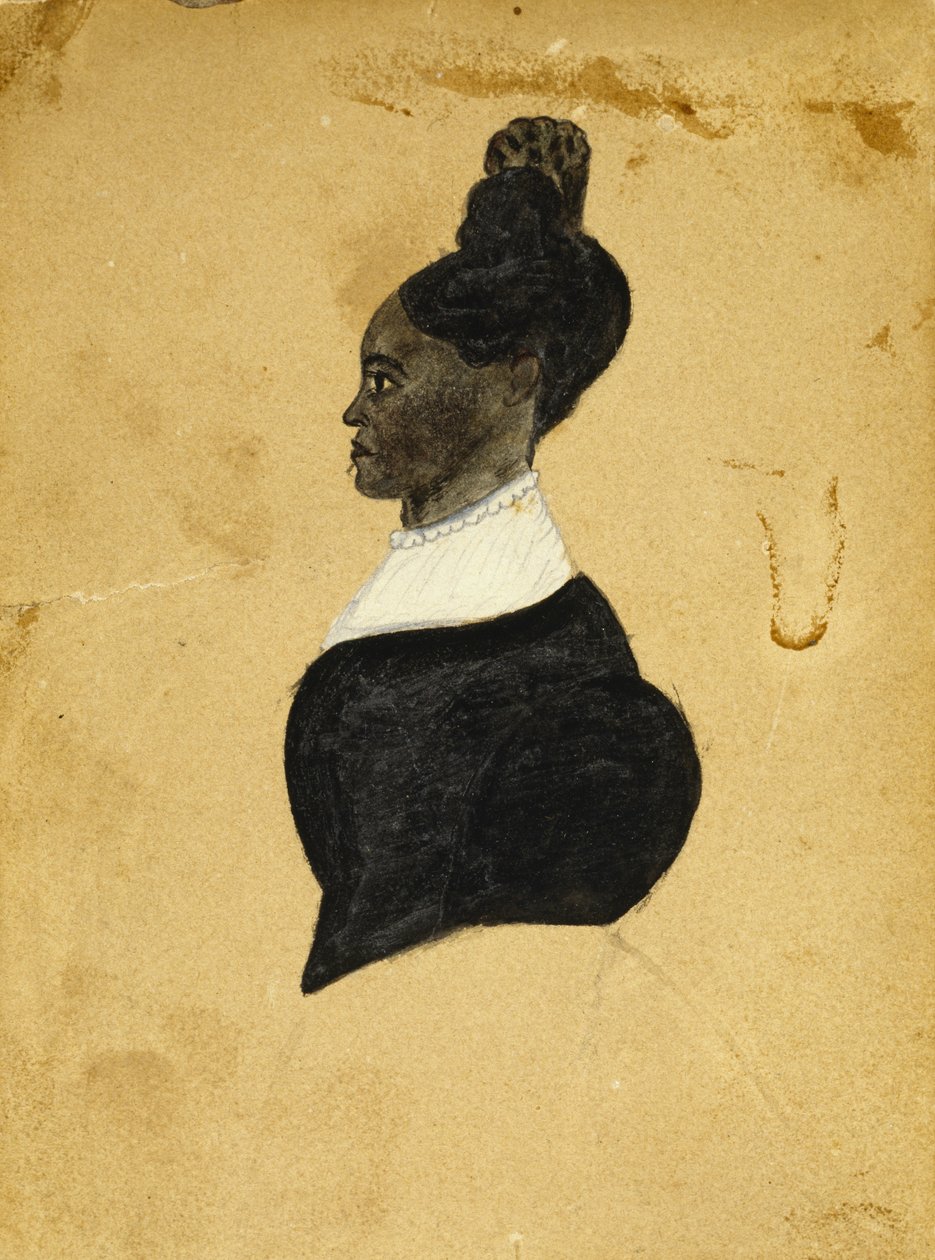 صورة ظلية رسم امرأة شابة ، ج. 1840-1850 (حبر أسود مع تحديد الطباشير على ورق لب الخشب المنسوج) بواسطة المدرسة الأمريكية
