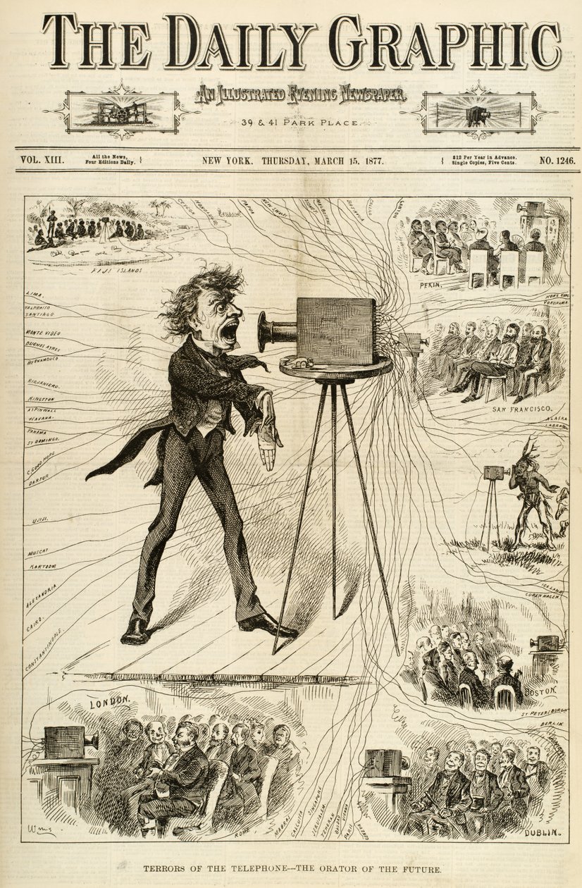 رعب الهاتف ، رسم توضيحي من The Daily Graphic ، 15 مارس 1877 بواسطة المدرسة الأمريكية