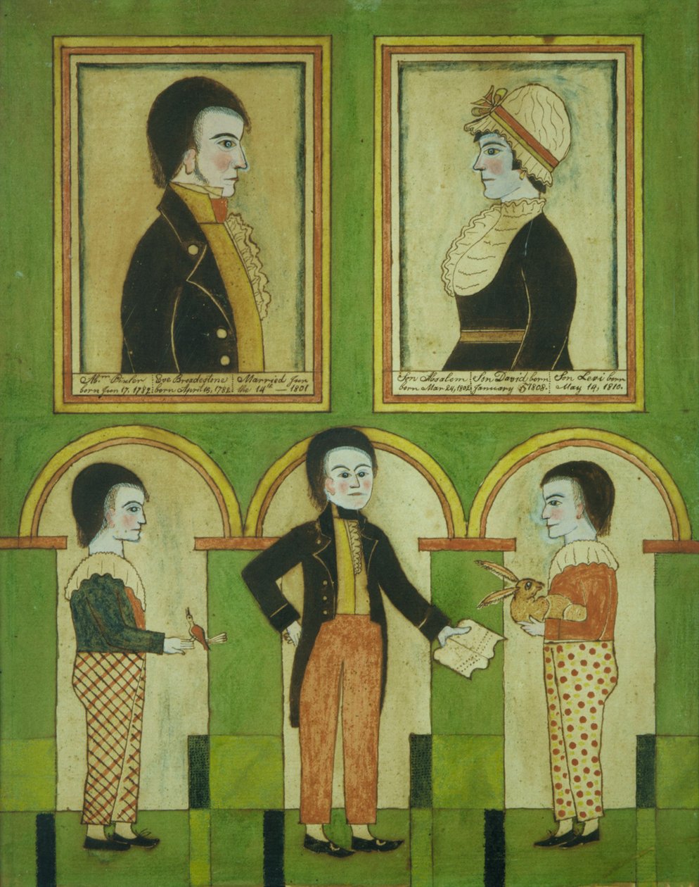 عائلة أبراهام بيكسلير ، c.1815 (مرحاض ، قلم ، حبر ، وجواش على ورق) بواسطة المدرسة الأمريكية