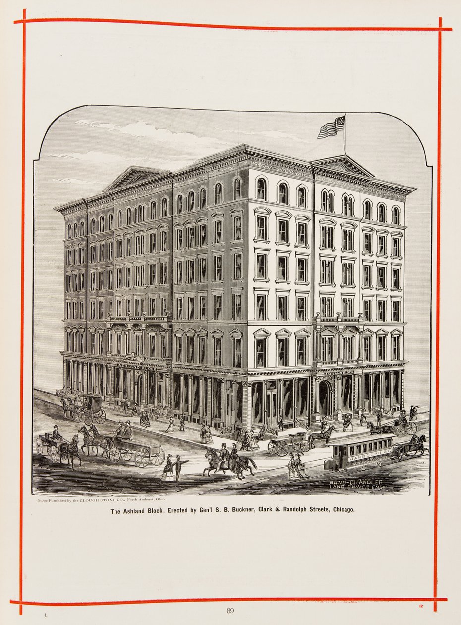 The Ashland Block at Clark and Randolph Streets ، شيكاغو ، رسم توضيحي في التجار والمصنعين في شيكاغو مصور ، 1873 بواسطة المدرسة الأمريكية