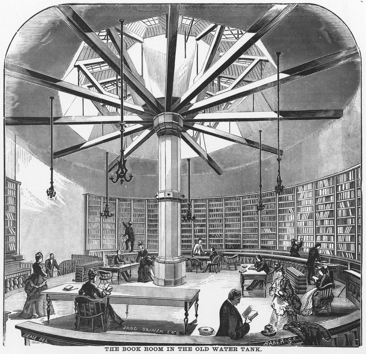 The Book Room in Old Water Tank ، من The Merchants and Manufacturers of Chicago ، تم النشر بواسطة JM Wing & Co. ، 1873 بواسطة المدرسة الأمريكية