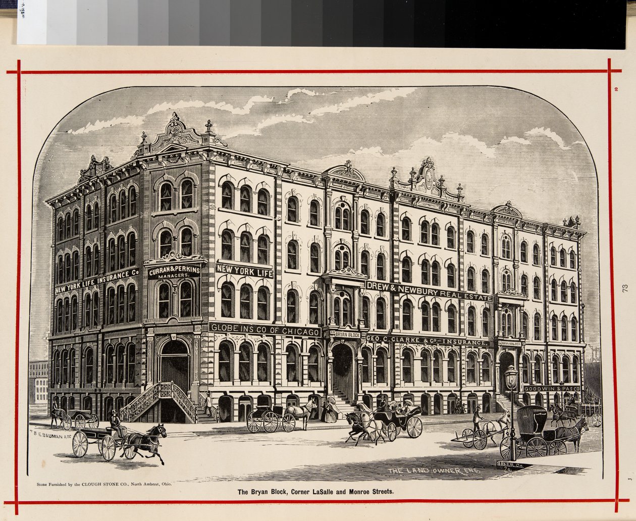 The Bryan Block ، زاوية شارع LaSalle و Monroe Streets ، شيكاغو ، رسم توضيحي في التجار والمصنعين في Chicago Illustrated ، 1873 بواسطة المدرسة الأمريكية