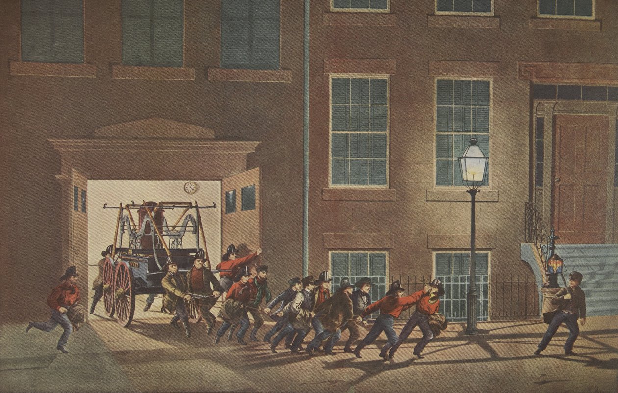 حياة رجل إطفاء - إنذار الليل ، حانة. 1854 ، كورير وإيفز بواسطة المدرسة الأمريكية