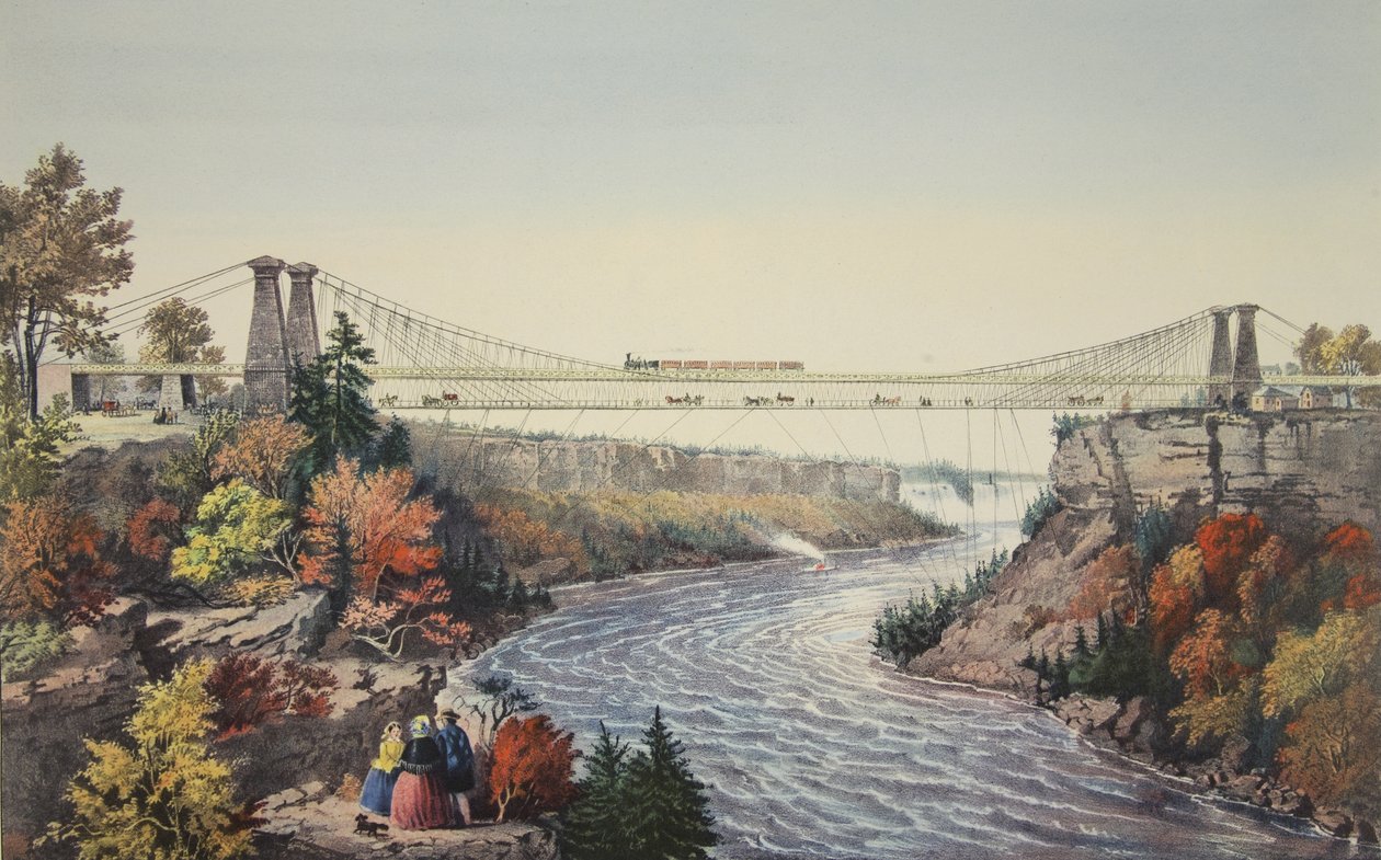 الجسر المعلق على طريق السكك الحديدية ، بالقرب من شلالات نياجرا ، 1856 ، كورير وآيفز بواسطة المدرسة الأمريكية
