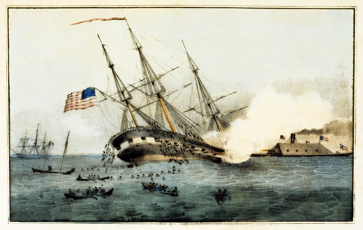 غرق كمبرلاند بواسطة Iron Clad Merrimac ، قبالة نيوبورت نيوز ، فرجينيا ، 8 مارس 1862 ، حانة. 1862 بواسطة المدرسة الأمريكية