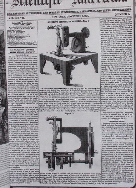 النموذج الأصلي لآلة الخياطة بواسطة إسحاق ميريت سنجر (1811-1875) من مجلة Scientific American ، في 1 نوفمبر 1851 بواسطة المدرسة الأمريكية