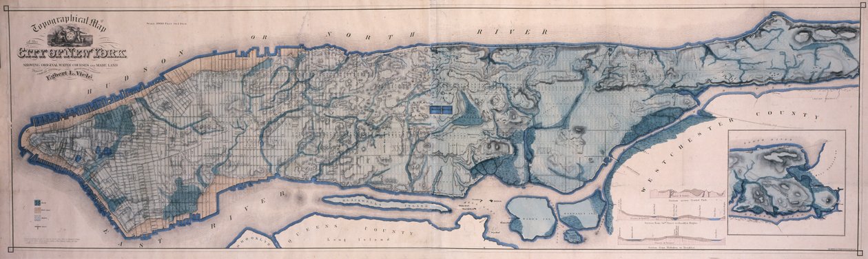 خريطة طوبوغرافية لنيويورك ، تظهر المجاري المائية والأرض ، 1865 ، 1865 (حبر أسود ، مع غسل ألوان ، على ورق مدعوم بقطعة قماش) بواسطة المدرسة الأمريكية