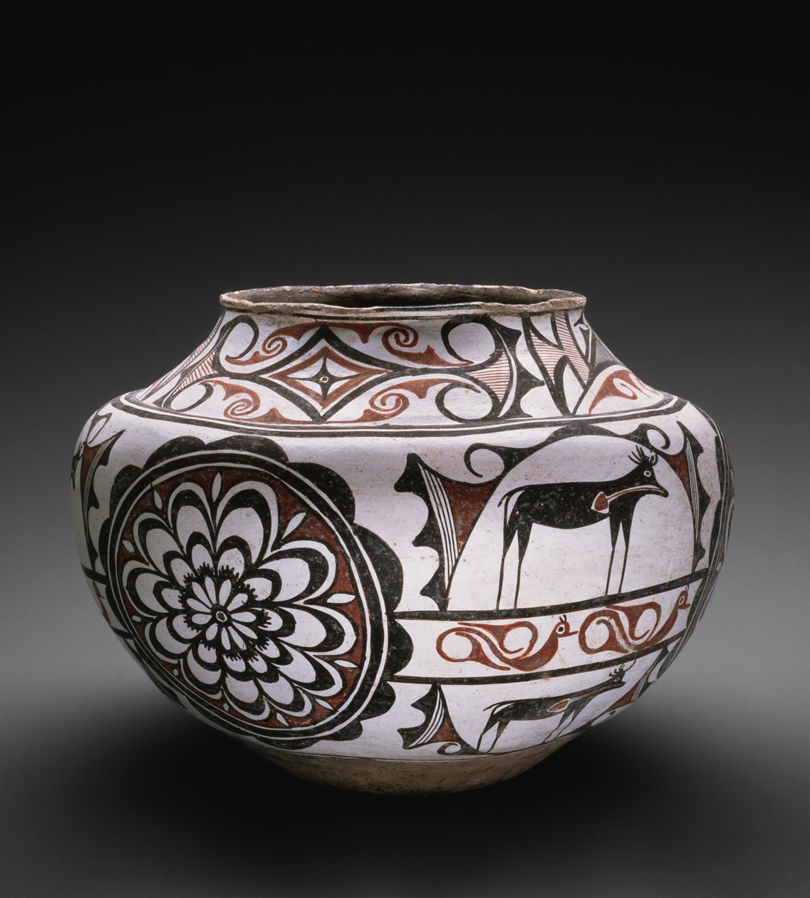 Zuni Pueblo jar with الغزلان والطيور والورود 1880-1885 (آنية فخارية بطلاء متعدد الألوان) بواسطة المدرسة الأمريكية