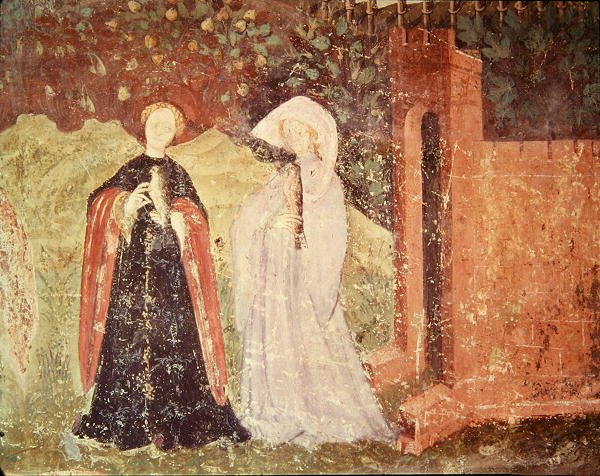 شهر يونيو ، تفاصيل امرأتين في نزهة ، c.1400 بواسطة المدرسة البوهيمية