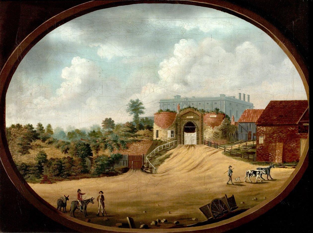 منظر للبوابة القديمة والقلعة ، نوتنغهام ، c.1795 بواسطة المدرسة البريطانية