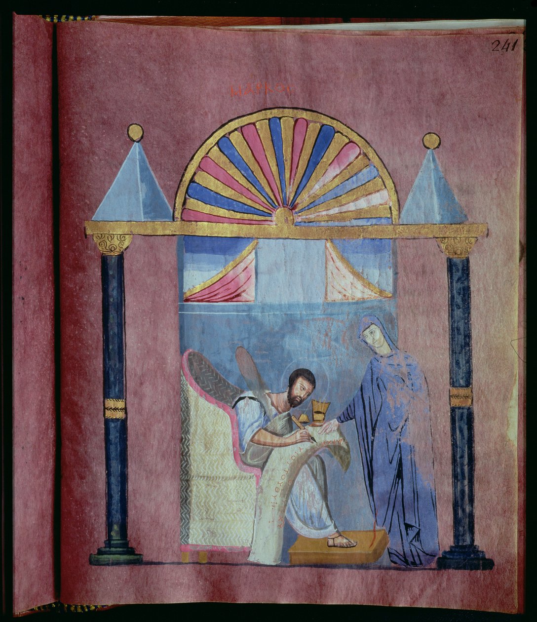 السيدة EAB 644 fol.241 العذراء تملي الإنجيل للقديس مرقس من إنجيل روسانو بواسطة المدرسة البيزنطية