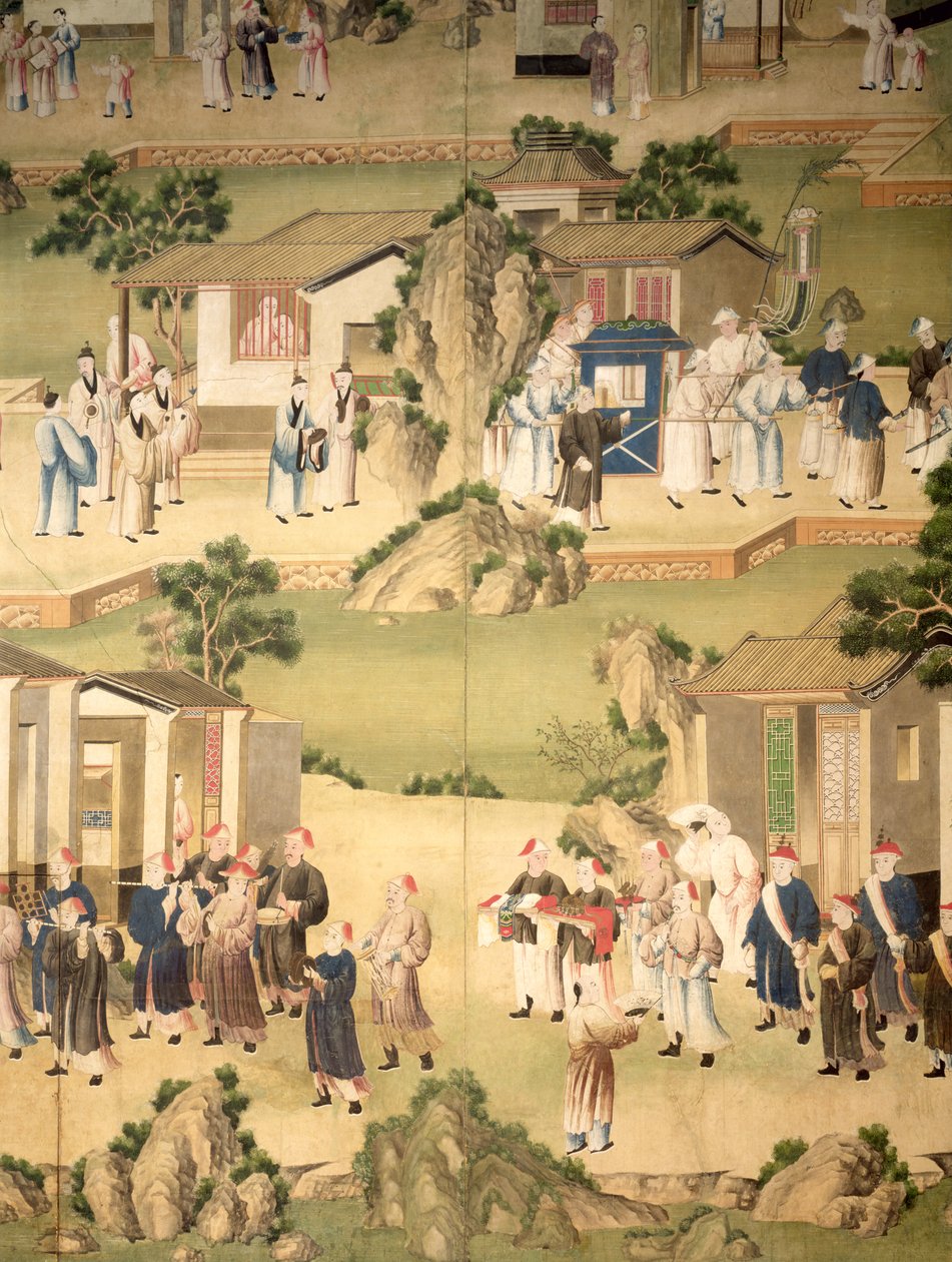 تفاصيل عن ورق حائط يصور موكب جنازة ، 1780 بواسطة المدرسة الصينية