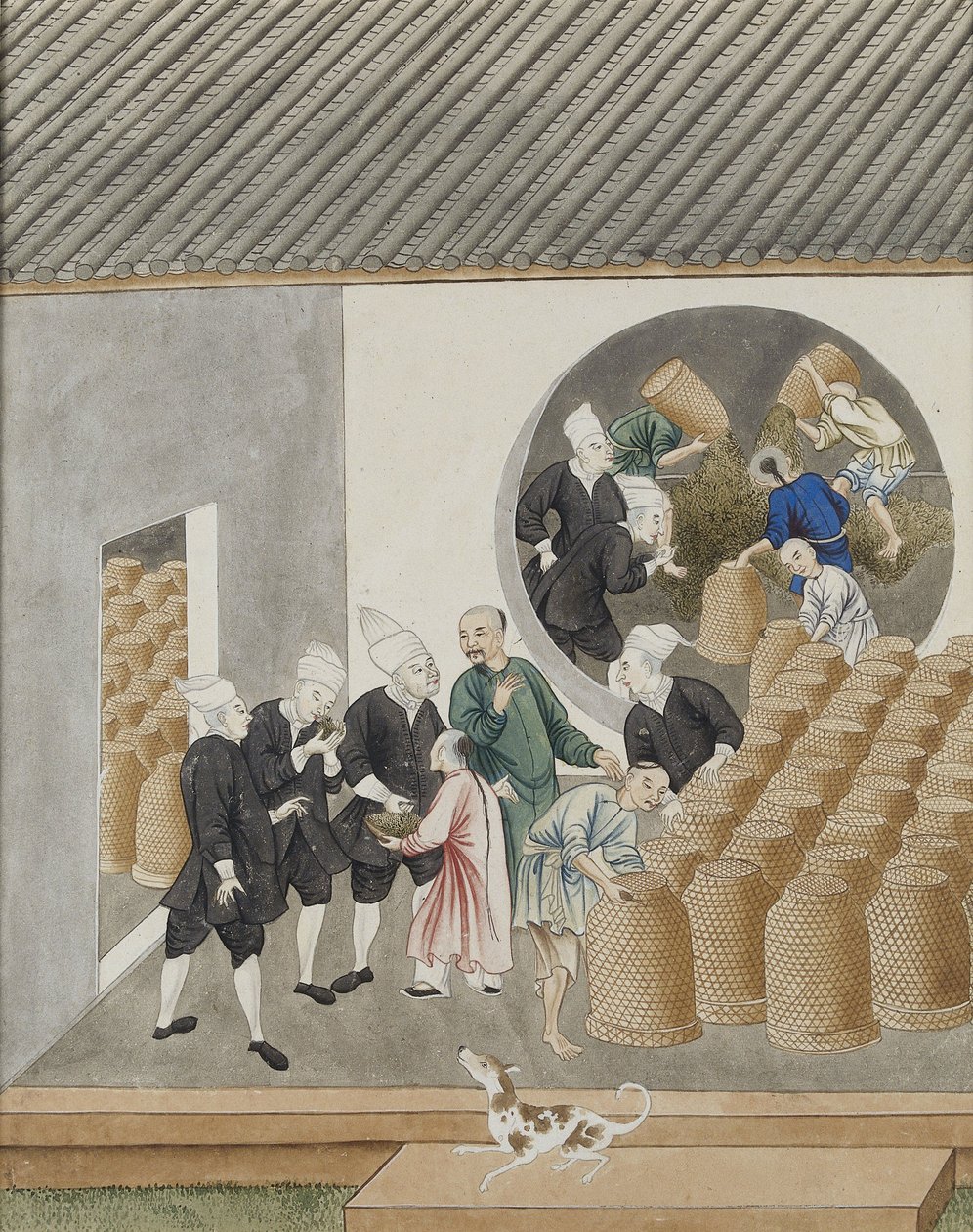 رائحة تجار VOC هولنديين شمبانيا الشاي للجودة في مستودع شاي كانتون (قوانغتشو) ، c.1770 بواسطة المدرسة الصينية