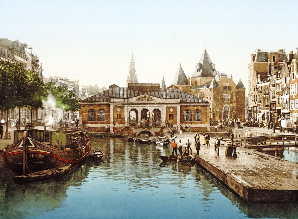 Fishmarket and Bourse ، أمستردام ، هولندا ، pub.c. 1900 (كروموليروغراف) بواسطة مصور هولندي