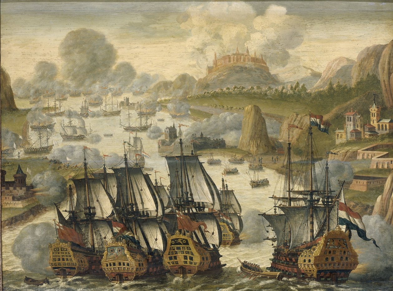 المعركة البحرية في خليج فيغو ، 23 أكتوبر 1702 ، من حرب الخلافة الإسبانية ، c.1705 بواسطة المدرسة الهولندية