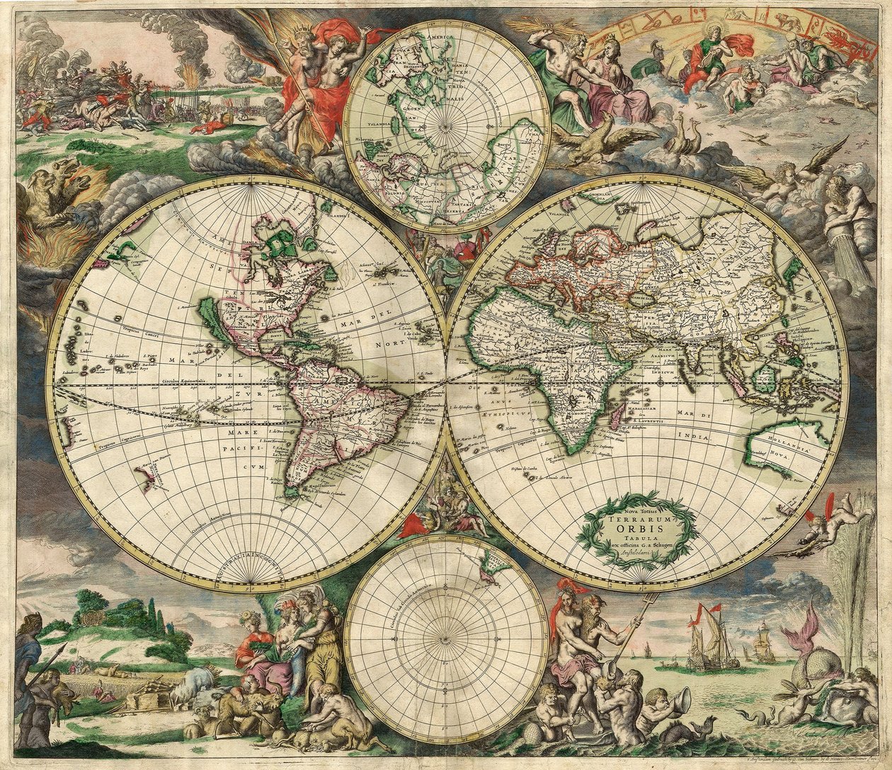 Terrarum Orbis Tabula بعد G. a Schagen. حانة. 1689 ج (النقش اليدوي) بواسطة المدرسة الهولندية