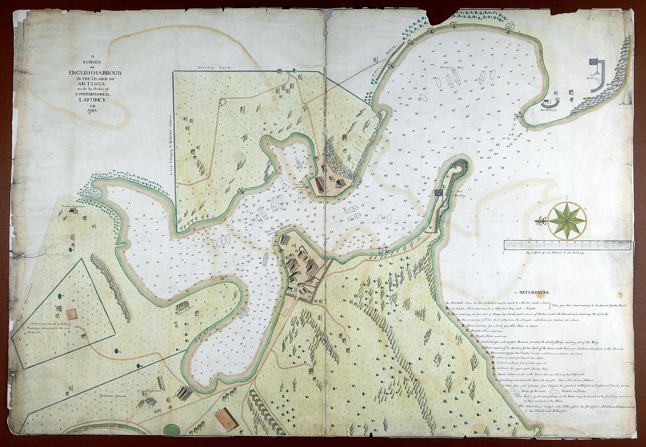 مسح للمرفأ الإنجليزي في جزيرة أنتيغوا أجراه بأمر المفوض لافوري في عام 1783 بواسطة مدرسة اللغة الإنجليزية