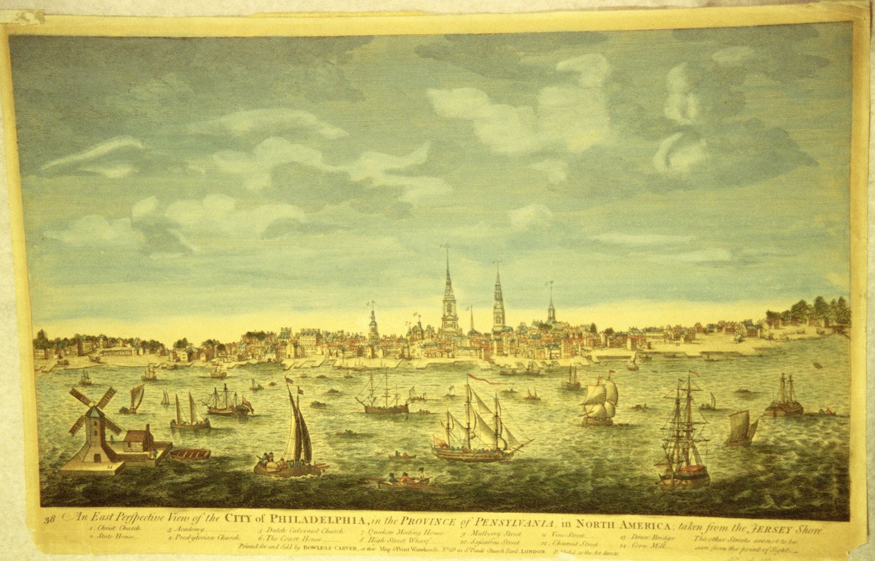 منظور شرقي لمدينة فيلادلفيا ، ج .1790 (النقش اليدوي) بواسطة مدرسة اللغة الإنجليزية