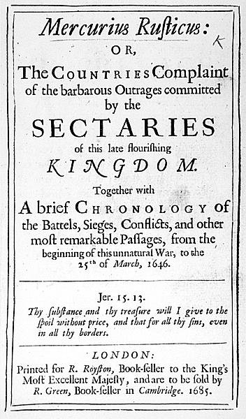 الصفحة الأولى من Mercurius Rusticus ، نشرت في 1685 بواسطة مدرسة اللغة الإنجليزية