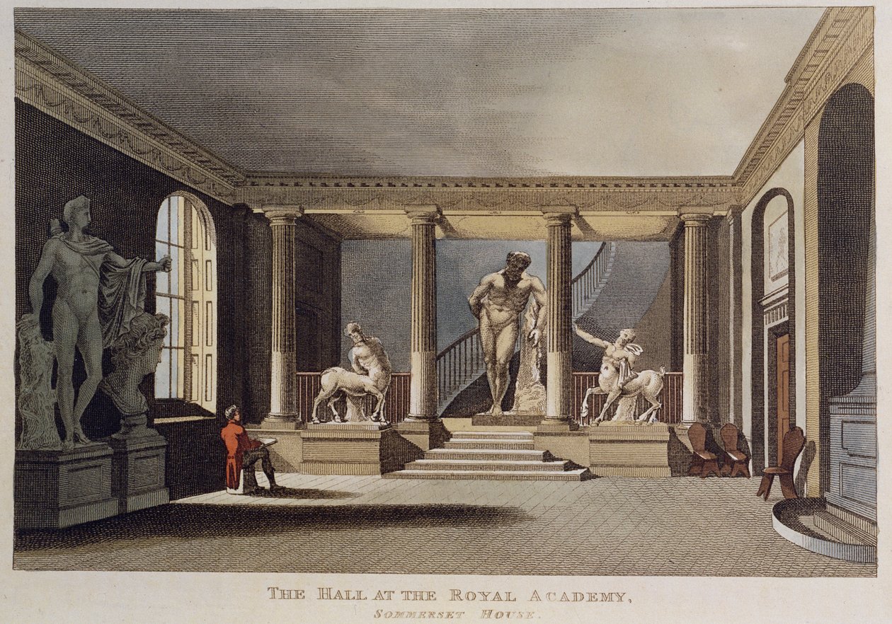 رجل يرسم نحتًا في قاعة الأكاديمية الملكية للفنون في سومرست هاوس ، 1810 بواسطة مدرسة اللغة الإنجليزية