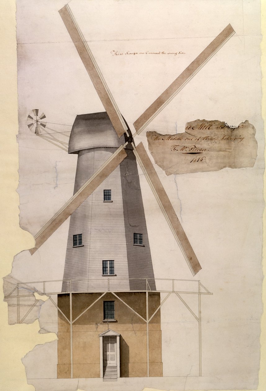 السيد بيلشيرز Windmill في مارجيت ، كينت ، 1816 (قلم وحبر وقلم رصاص وغسل على ورق) بواسطة مدرسة اللغة الإنجليزية