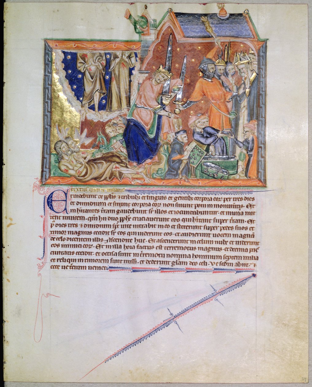 السيدة LA 139-Lisboa fol.27 يُترك الشهود دون دفن وتصعد أرواحهم إلى السماء ، من نهاية العالم غولبنكيان ، c.1265-70 بواسطة مدرسة اللغة الإنجليزية