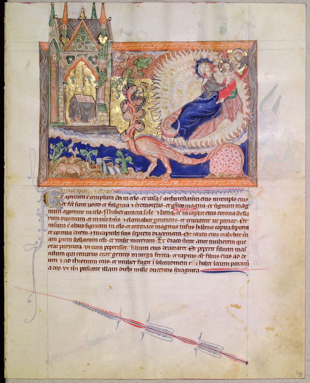 السيدة LA 139-Lisboa fol.29 الله ينقذ الطفل الذكر من التهامه بواسطة التنين الأحمر ، من نهاية العالم Gulbenkian ، c.1265-70 بواسطة مدرسة اللغة الإنجليزية