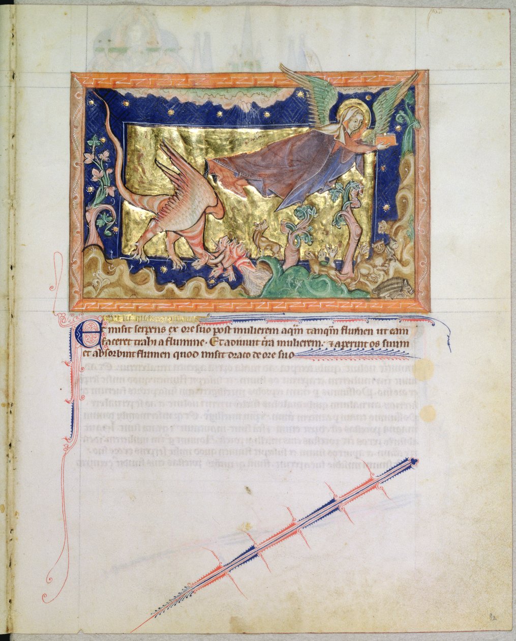 السيدة LA 139-Lisboa fol.32 المرأة التي تطير بعيدًا عندما تبتلع الأرض الماء الذي ينفثه التنين الأحمر ، من نهاية العالم Gulbenkian ، c.1265-70 بواسطة مدرسة اللغة الإنجليزية