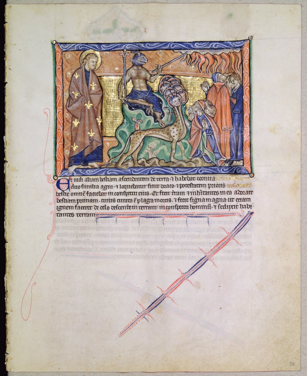 السيدة LA 139-Lisboa fol.38 القديس يوحنا الإنجيلي الذي يشاهد الوحش يحرق النار من السماء إلى الأرض ، من نهاية العالم Gulbenkian ، c.1265-70 بواسطة مدرسة اللغة الإنجليزية