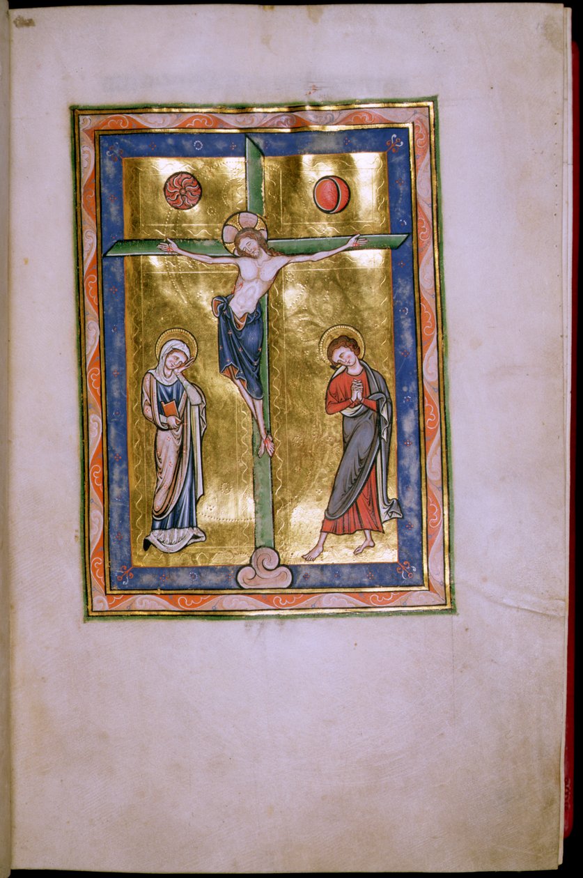 Ms.12.f12r صلب مع العذراء وسانت جون ، من مزمور بيتربورو ، c.1260 بواسطة مدرسة اللغة الإنجليزية