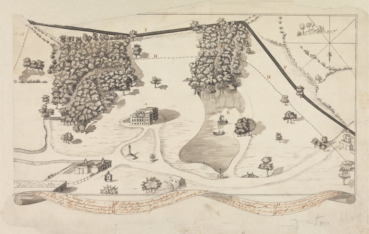 مخطط الحديقة في Norton Hall ، Norton Priory ، c.1750-60 (قلم وحبر أسود وغسل رمادي على ورق) بواسطة مدرسة اللغة الإنجليزية