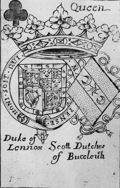 بطاقة اللعب Queen of Spades التي تصور شعار النبالة لدوق Lennox ودوقة Buccleuch بواسطة مدرسة اللغة الإنجليزية