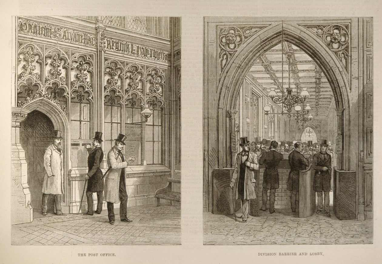 مجلس العموم: مكتب البريد والجدار الحاجز واللوبي ، من أخبار لندن المصورة ، 18 فبراير 1882 بواسطة مدرسة اللغة الإنجليزية
