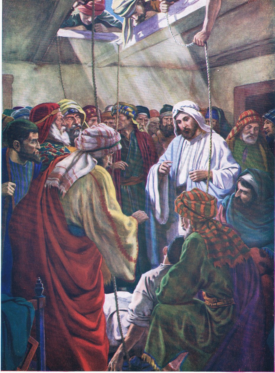 الرجل مع الأصدقاء الأربعة ، من كتاب مصور الكتاب المقدس الذي نشره توماس نيلسون ، عام 1950 بواسطة مدرسة اللغة الإنجليزية