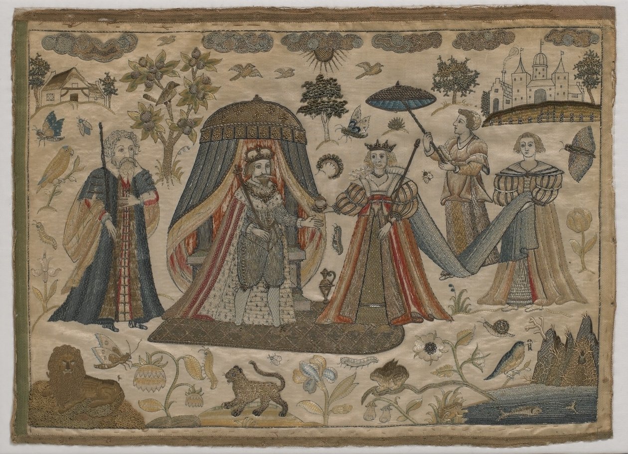 لقاء الملك سليمان وملكة سبأ ج 1650 (تطريز حرير مسطح) بواسطة مدرسة اللغة الإنجليزية