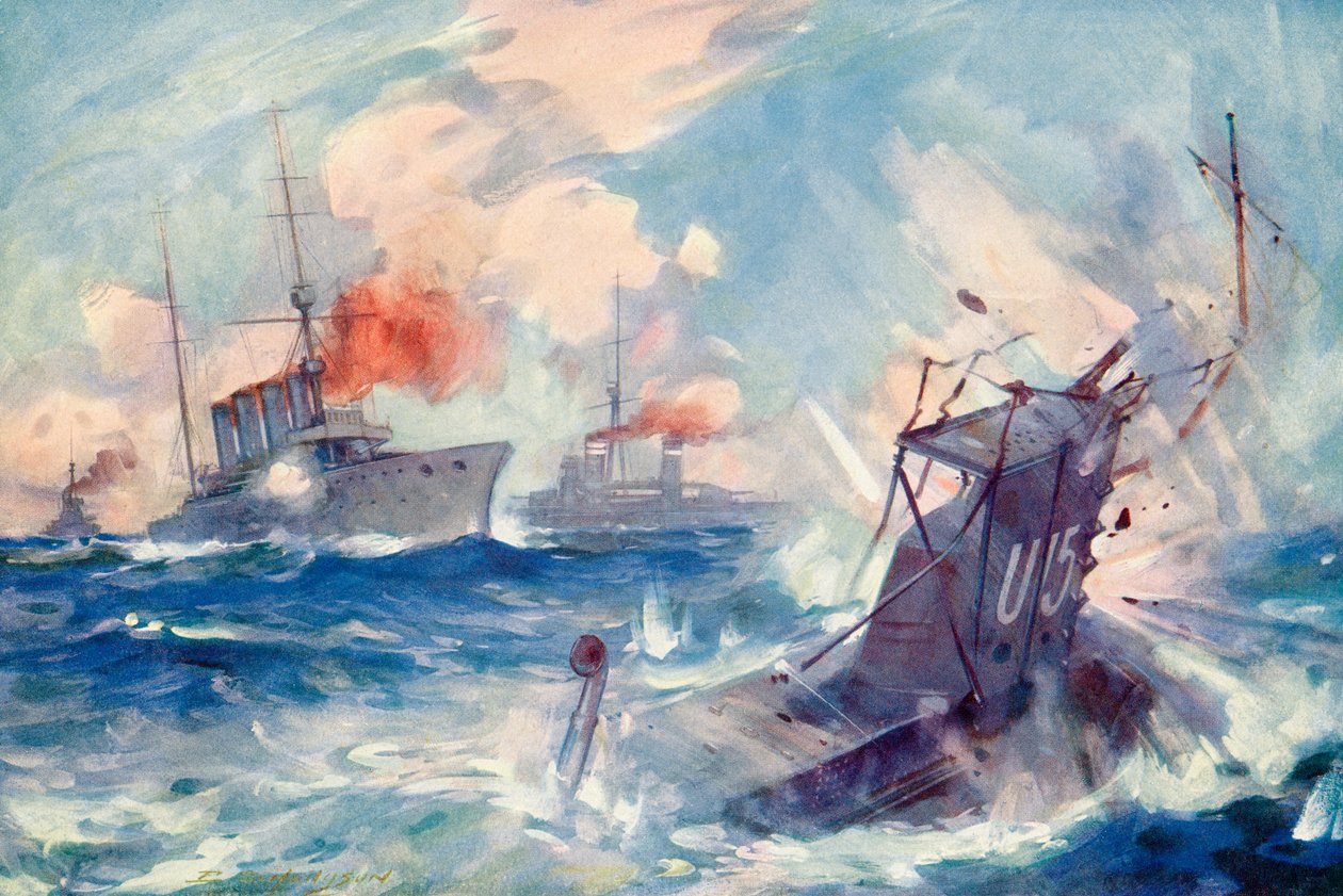غرق الغواصة الألمانية SM U-15 بعد أن صدمها طراد الضوء البريطاني HMS برمنغهام ، 9 أغسطس 1914 خلال الحرب العالمية الأولى ، من تاريخ الحرب العظمى ، نُشر عام 1919 ( بواسطة مدرسة اللغة الإنجليزية