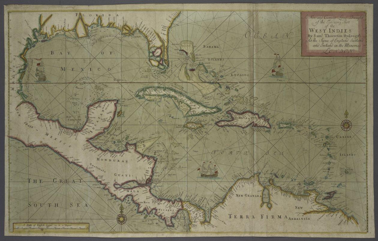 الخريطة التجارية لجزر الهند الغربية ، 1707 (طباعة ملونة) بواسطة مدرسة اللغة الإنجليزية