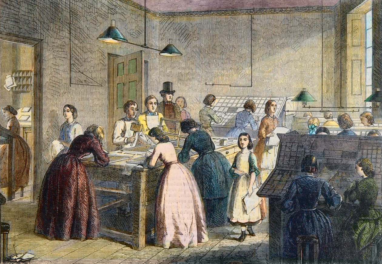 الملحنات في مكتب مطبعة فيكتوريا ، شارع جريت كورام ، لندن ، عام 1860. بواسطة مدرسة اللغة الإنجليزية
