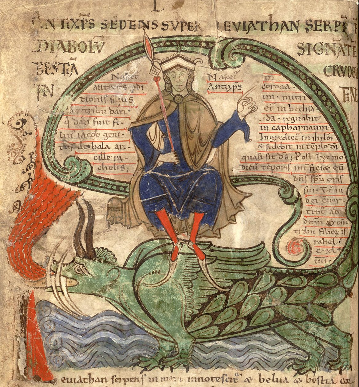 ضد المسيح جالس على Leviathan من Liber Floridus بواسطة Lambert de Saint-Omer ، 1120 بواسطة المدرسة الفلمنكية