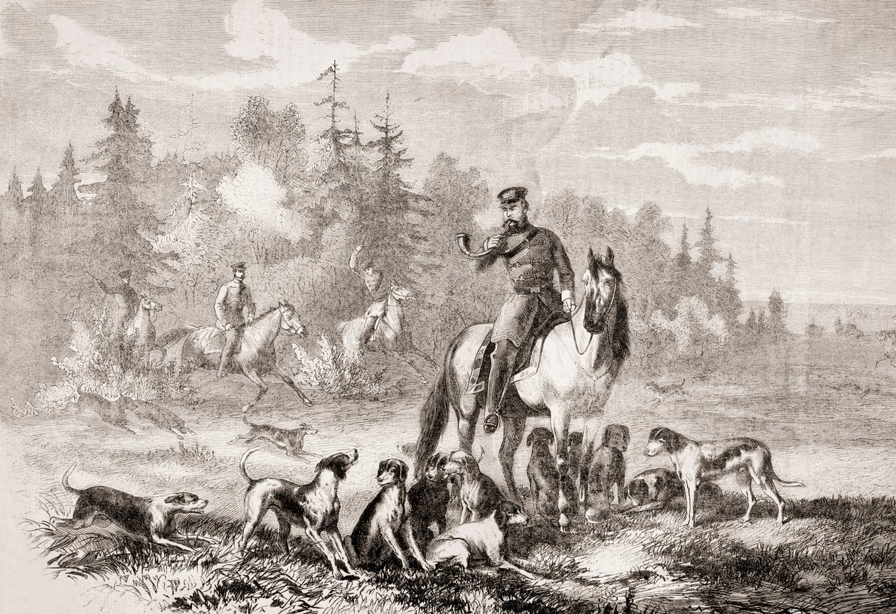 صيد الذئاب الإسكندر الثاني بالقرب من سانت بطرسبرغ ، من LUnivers Illustré ، 1866 بواسطة المدرسة الفرنسية