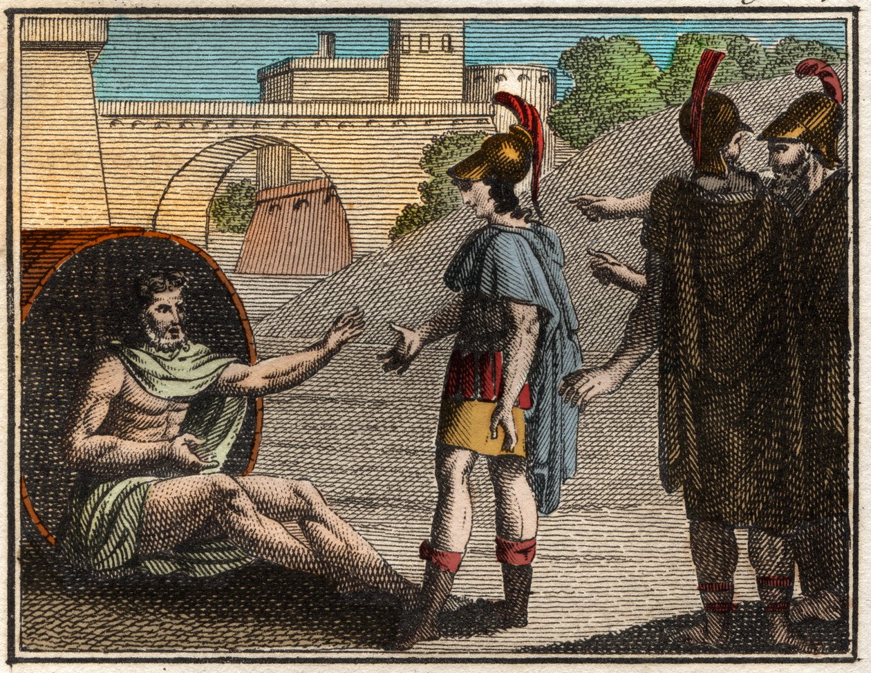 الإسكندر الأكبر (الإسكندر الثالث المقدوني (356-323 قبل الميلاد) يزور Diogenes of Sinope (c 410-c 320 قبل الميلاد) ، الفيلسوف اليوناني الساخر. بواسطة المدرسة الفرنسية