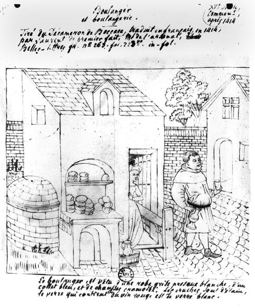 خباز ومخبز ، رسم بعد إضاءة أصلية لترجمة فرنسية من Decameron بواسطة Boccaccio (1313-75) صنع في 1414 (قلم وحبر على ورق) بواسطة المدرسة الفرنسية