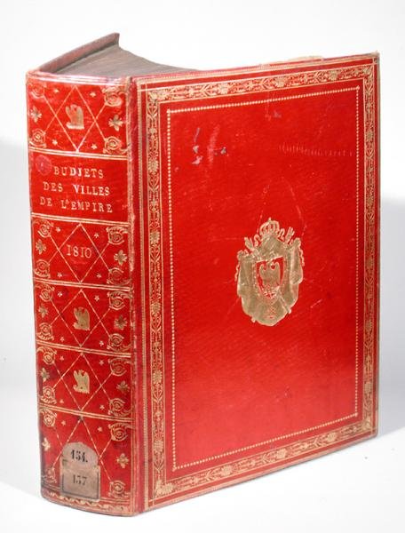 ميزانيات المدن في الإمبراطورية الفرنسية ، مقيدة بشعار نابليون بونابرت (1769-1821) 1810 (جلد مغربي أحمر وذهبي) (انظر أيضًا 165120) بواسطة المدرسة الفرنسية
