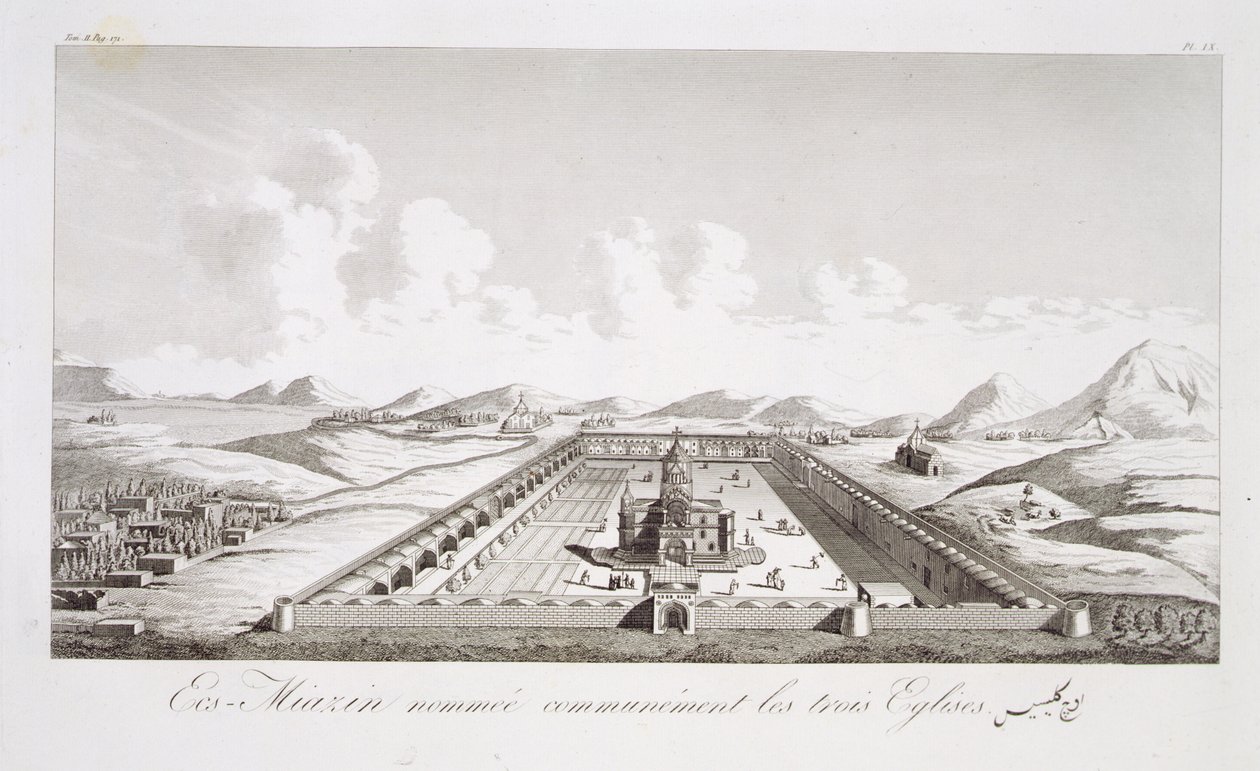 Echsmiazin ، المعروفة باسم الكنائس الثلاث ، من Voyages du Chevalier Chardin en Perse ، et en autres Lieux dOrient ، بقلم جان شاردان (1643-1713) ، تم نشره عام 1811 بواسطة المدرسة الفرنسية